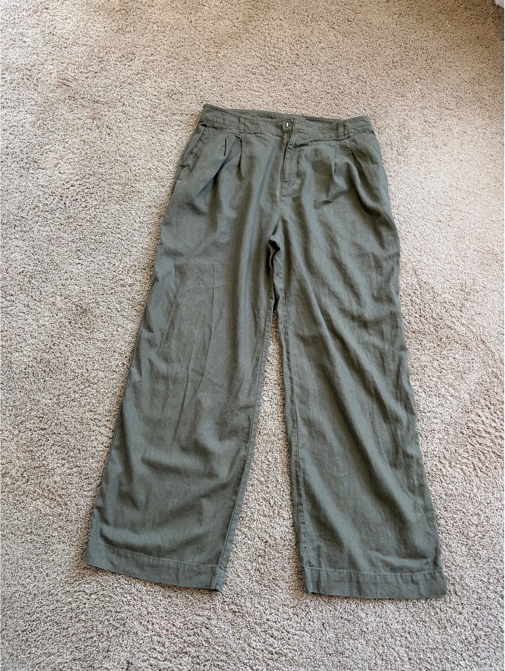 Women's Gap High-Rise Pleated Wide-Leg Pants khaki green linen blend 16 TALL